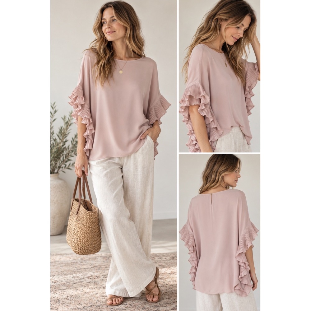 Joseph Ribkoff Womens Pink Top 12 Pleated Ruffle Sleeve Blouse Boho Party Drape